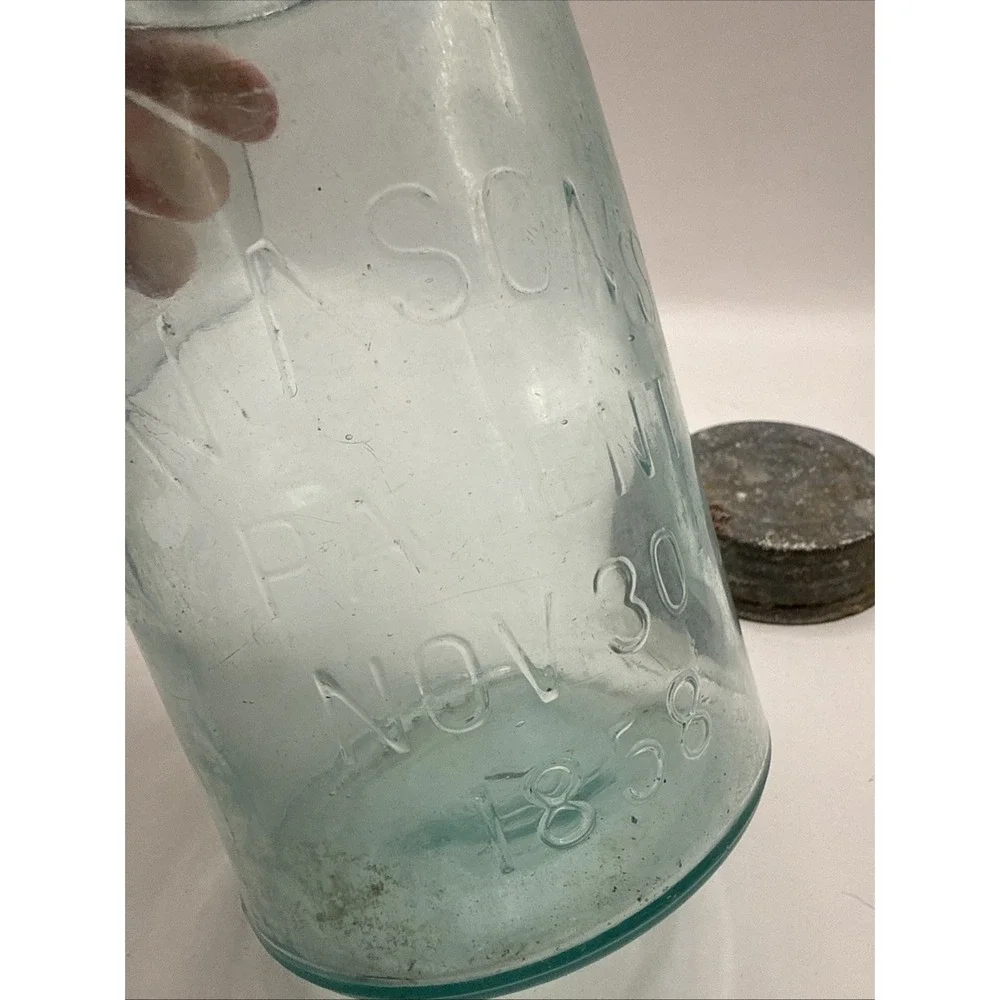 Old Mason's Patent Nov 30th 1858 Blue 1 Quart Antique Canning‎ Jar Zinc Lid #5